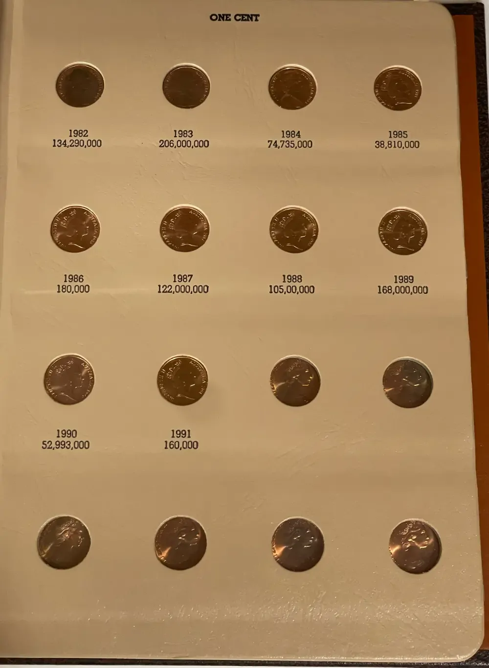 Complete Date Set of Australian 1 cent and 2 Cent Coins 1966 to 1991 Uncirculated in Dansco Supreme Album product image