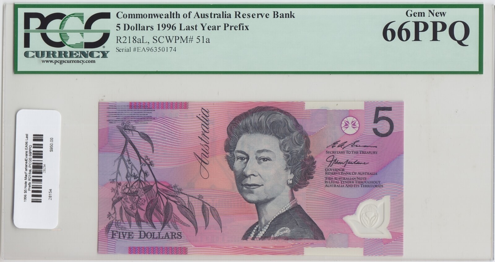 1996 $5 Note MacFarlane/Evans EA96 Last Prefix R218aL PCGS 66PPQ product image