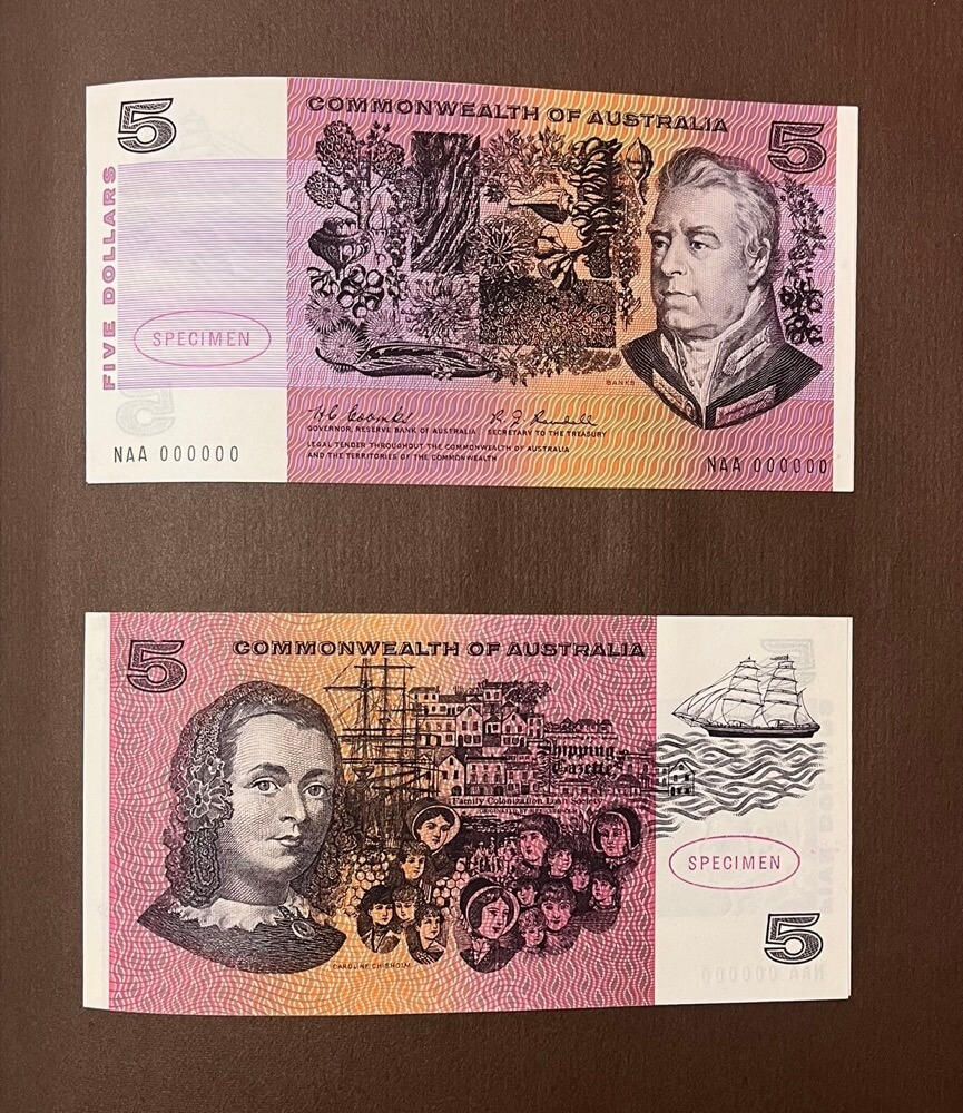 Australia 1966 Complete Type I Specimen Banknote Set In Presentation Folder (10 Notes, $1 - $20, Inc $5) product image