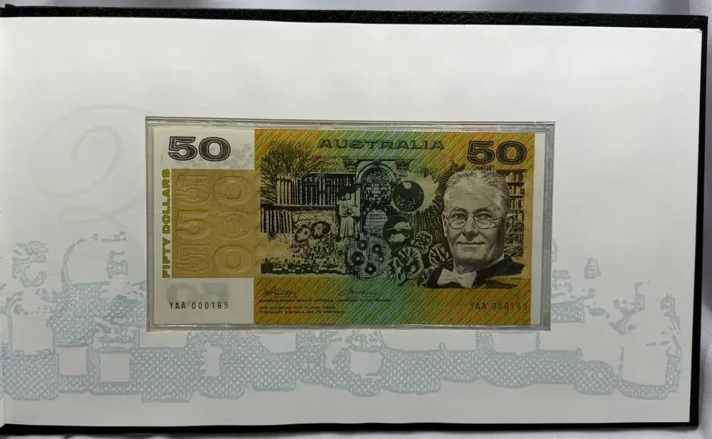 Australia 1994 Triple Anniversary Decimal Banknote Portfolio - $5, $50 & $100 First Prefix Notes product image
