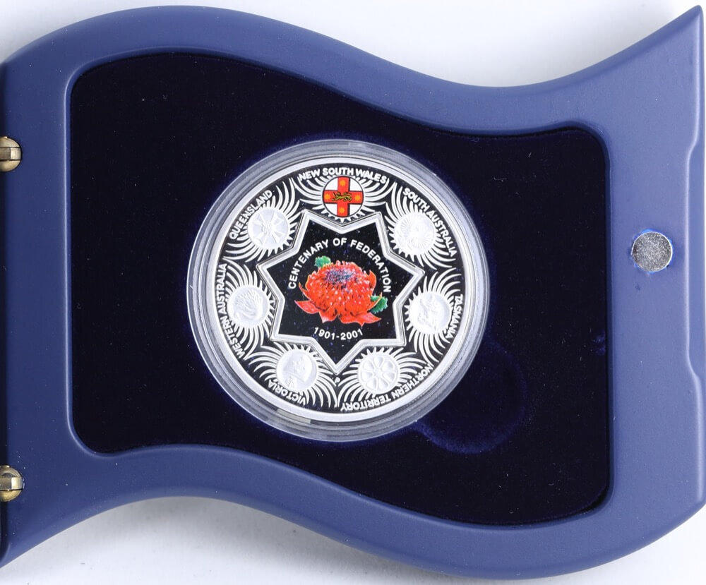 2001 Silver One Ounce Proof Coin Holey Dollar Federation Flowers - Tasmanian Blue Gum product image