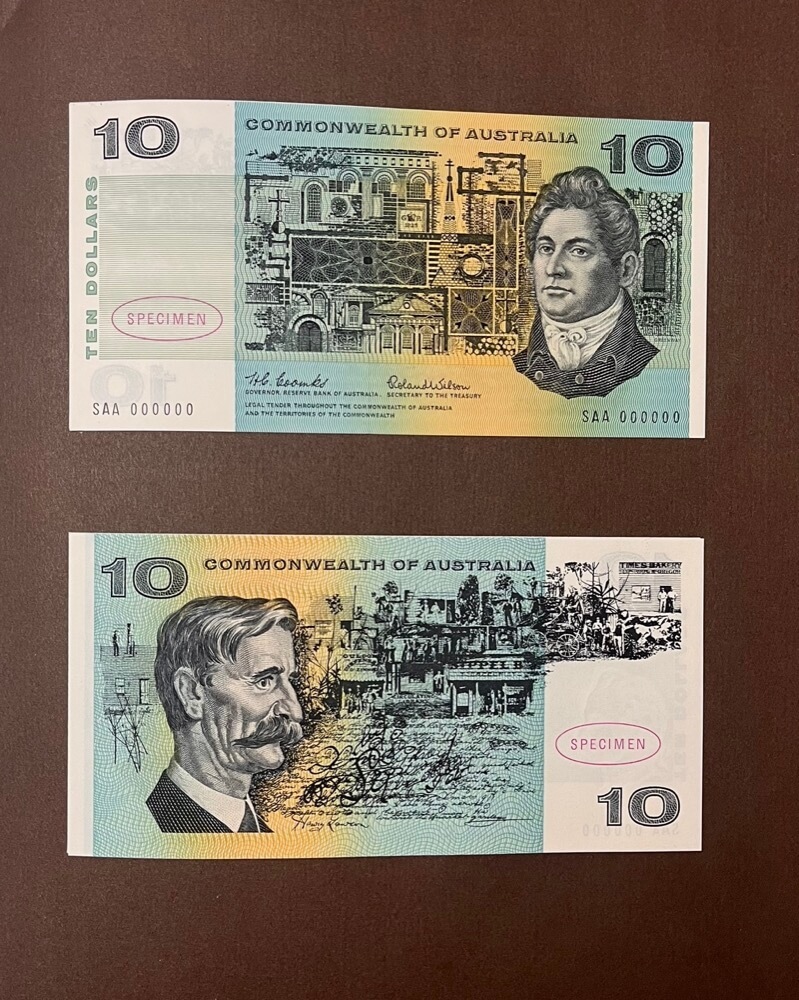 Australia 1966 Complete Type I Specimen Banknote Set In Presentation Folder (10 Notes, $1 - $20, Inc $5) product image