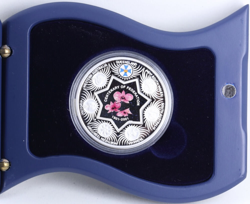 2001 Silver One Ounce Proof Coin Holey Dollar Federation Flowers - Tasmanian Blue Gum product image