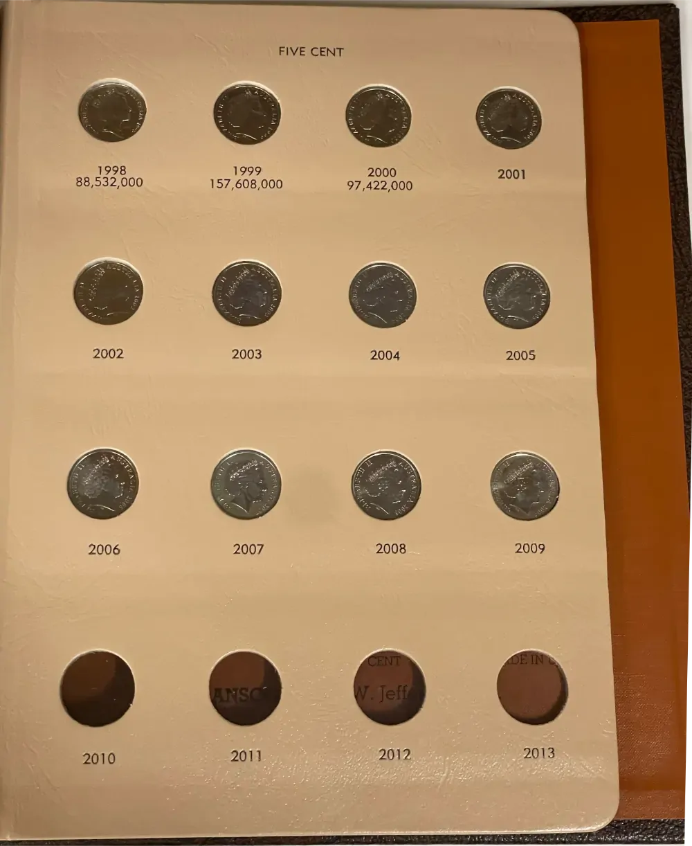 Complete Date Set of Australian 5 cent 1966 to 2009 Uncirculated in Dansco Supreme Album product image