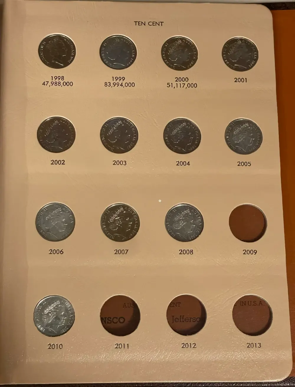 Complete Date Set of Australian 10 Cent 1966 to 2008 Uncirculated in Dansco Supreme Album product image