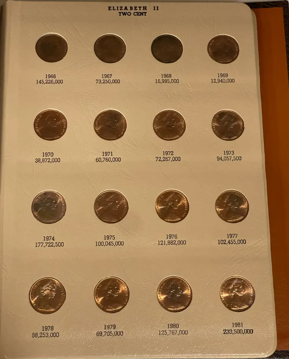 Complete Date Set of Australian 1 cent and 2 Cent Coins 1966 to 1991 Uncirculated in Dansco Supreme Album product image