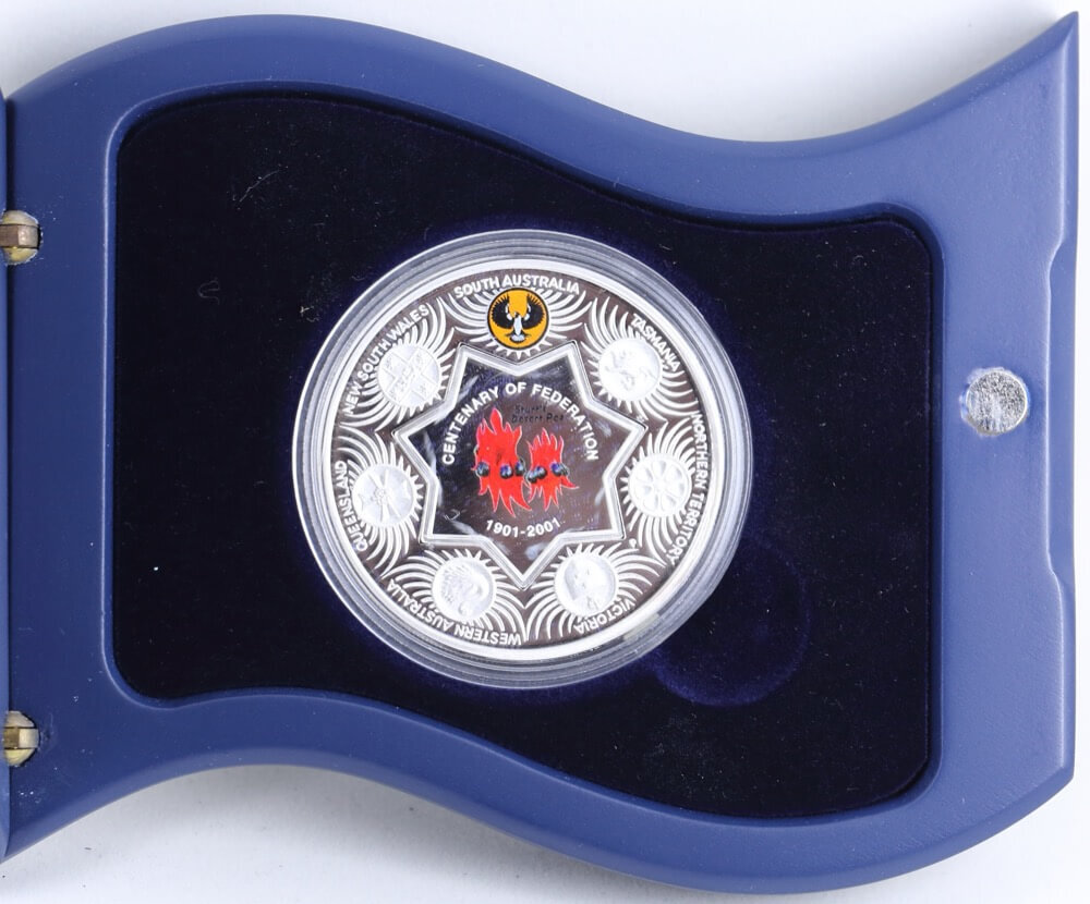 2001 Silver One Ounce Proof Coin Holey Dollar Federation Flowers - Tasmanian Blue Gum product image