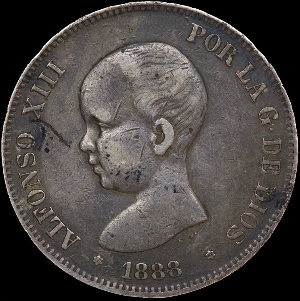 Spain 1888-MP-M Silver 5 Pesetas KM#689 good VF product image