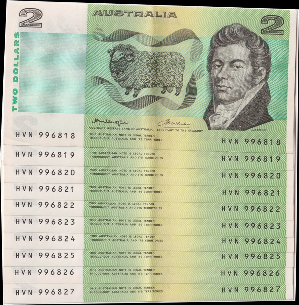 1976 $2 Note Consecutive Run of 10 OCR-B Serials Side Thread Knight/Wheeler R86C about Uncirculated product image
