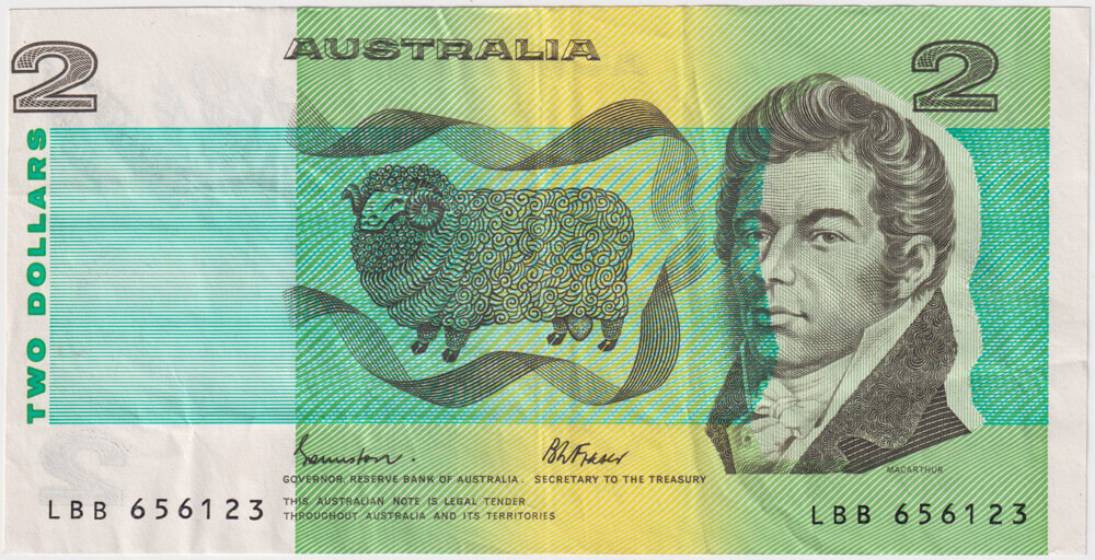 1985 $2 Note Johnston/Fraser 4mm Registration Shift Error R89 about EF product image