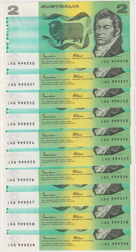 1985 $2 Note Consecutive Run of 10 LQG Last Prefix Johnston/Fraser R89L about Unc product image