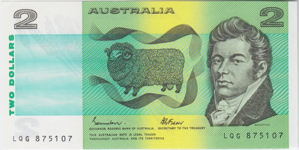 1985 $2 Note LQG Last Prefix Johnston/Fraser R89L Uncirculated product image