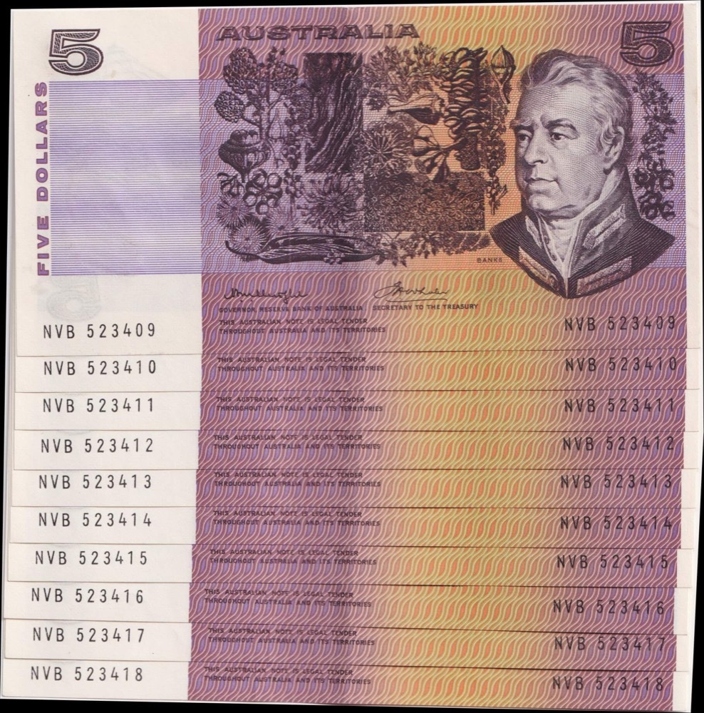 1976 $5 Note Consecutive Run of 10 Gothic Serials Side Thread Knight/Wheeler R206B About Uncirculated product image