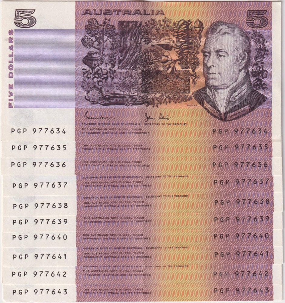 1983 $5 Note Consecutive Run of 10 Johnston/Stone R208 about Uncirculated product image
