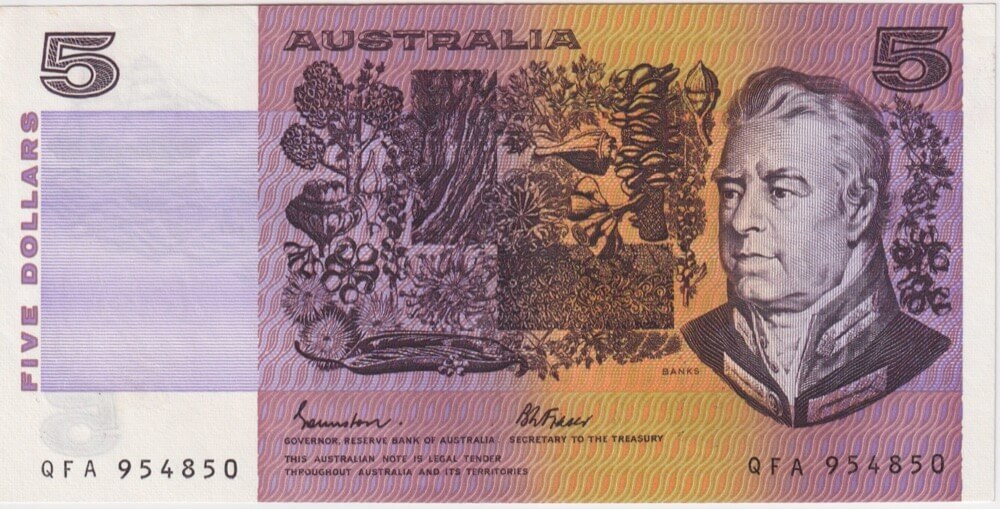 1985 $5 Note OCR-B Johnston/Fraser QFA Last Prefix R209aL about Uncirculated product image