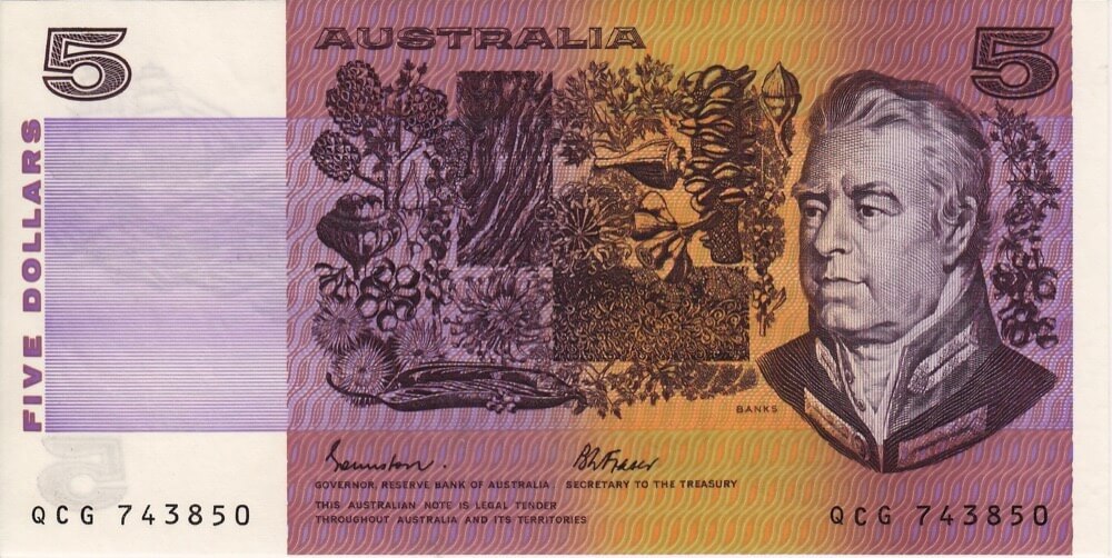 1985 $5 Note OCR-B Serials Side Thread Johnston/Fraser R209A Uncirculated product image