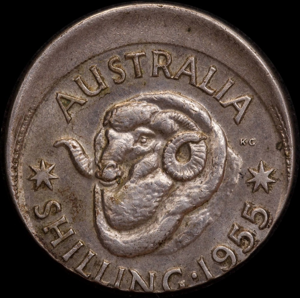 1955 Shilling 3.88mm Offstrike Error good EF product image