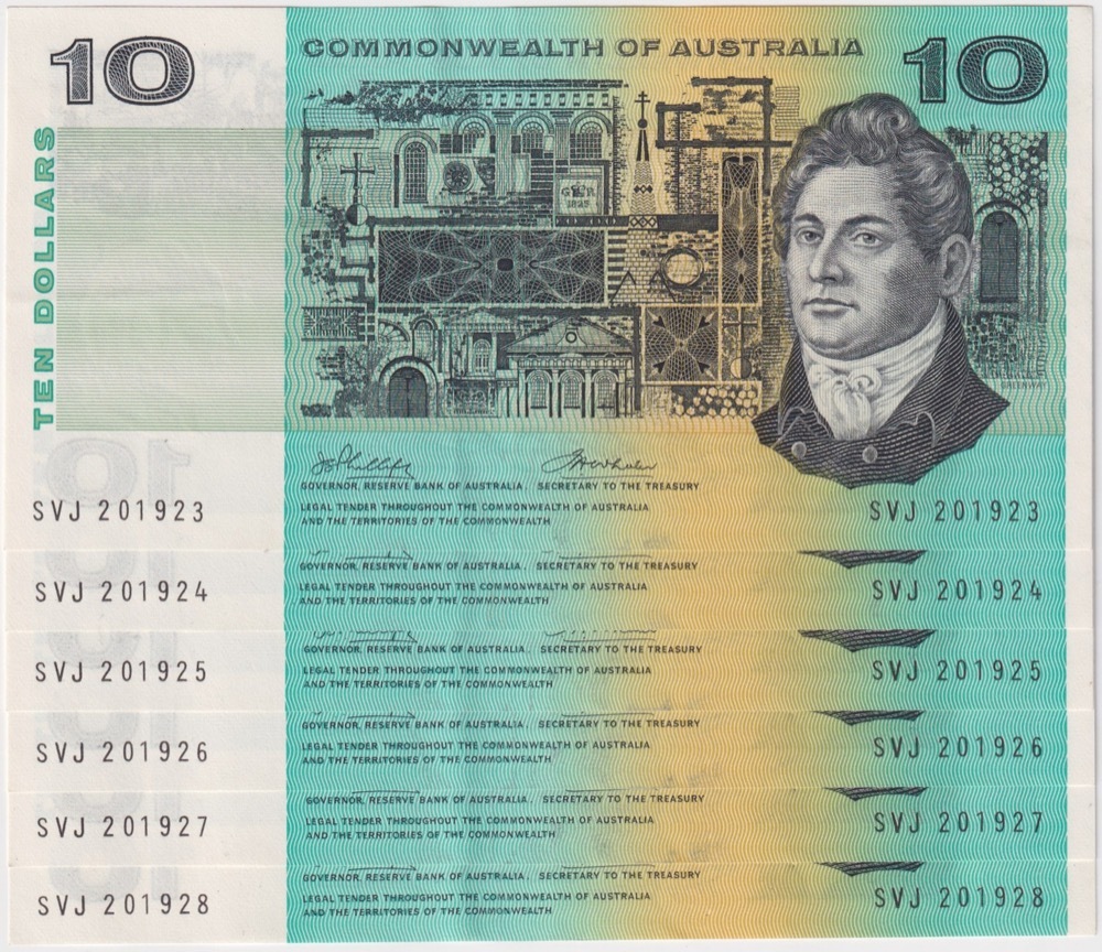 1972 $10 Consecutive Run of 6 Notes Commonwealth of Australia Phillips/Wheeler R304 good EF product image