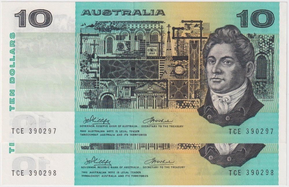 1974 $10 Note Consecutive Pair Australia Phillips/Wheeler R305 about Unc product image