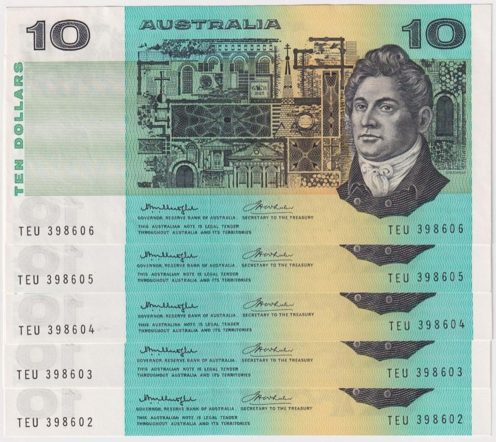 1976 $10 Note Run of 5 Gothic Centre Knight/Wheeler R306A about Unc product image