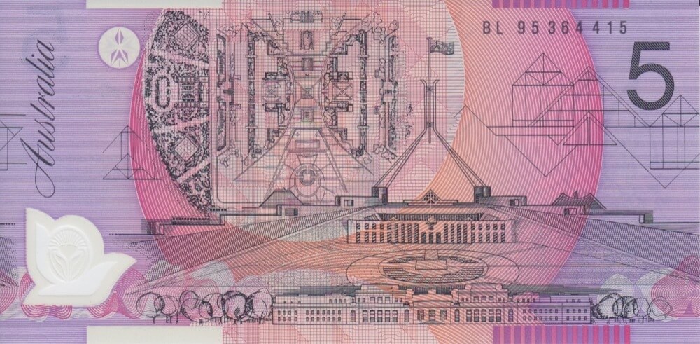 1995 $5 Note Recoloured Wide Orientation Bands Fraser/Evans R217a Uncirculated product image
