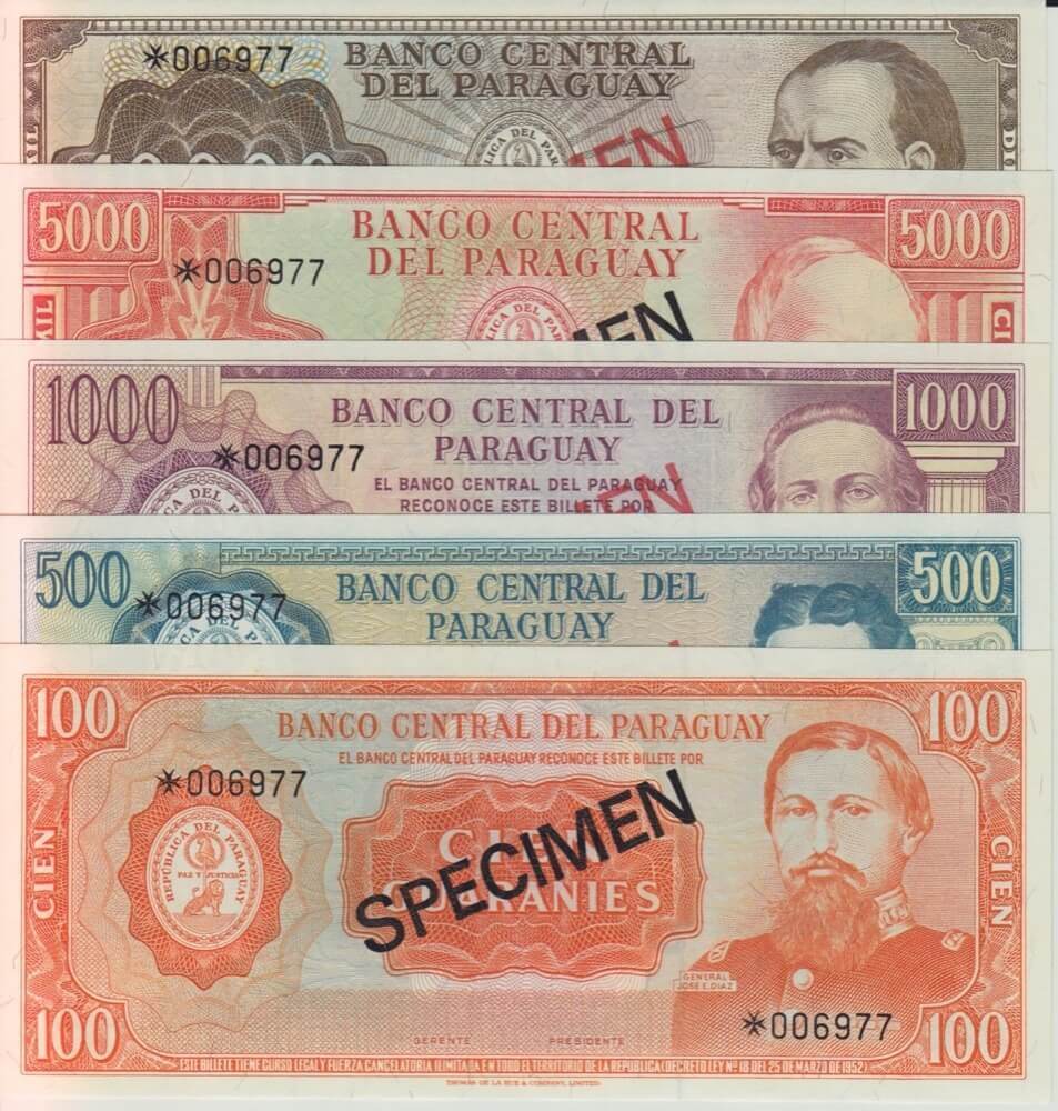 1978 Paraguay Five Note Specimen Set Pick Cs1 Unc product image