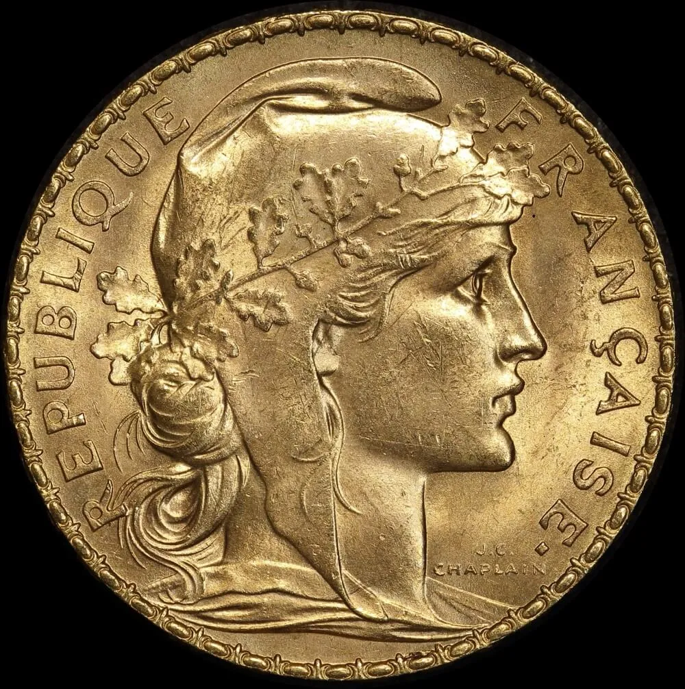 France 1912 Gold 20 Francs Rooster KM#857 Uncirculated product image