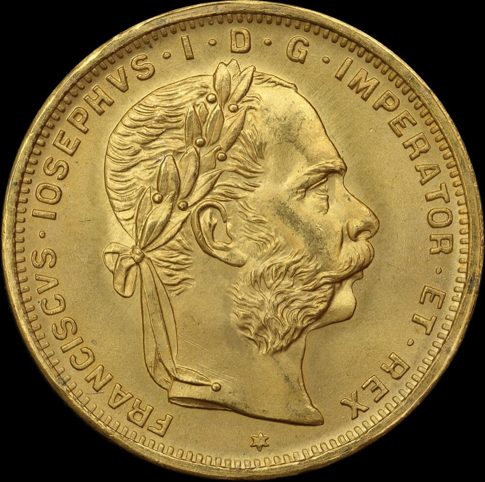Austria 1892 Gold 8 Florins 20 Francs Restrike KM# 2269 Uncirculated product image