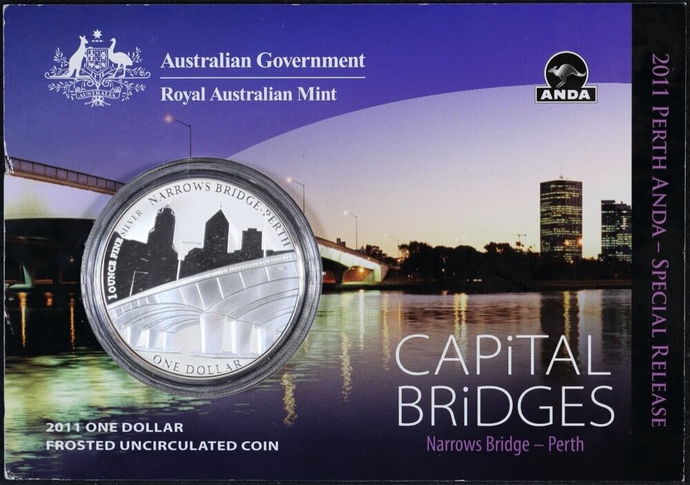 2011 Silver One Dollar Frosted Unc Coin Capital Bridges - Perth Narrows product image
