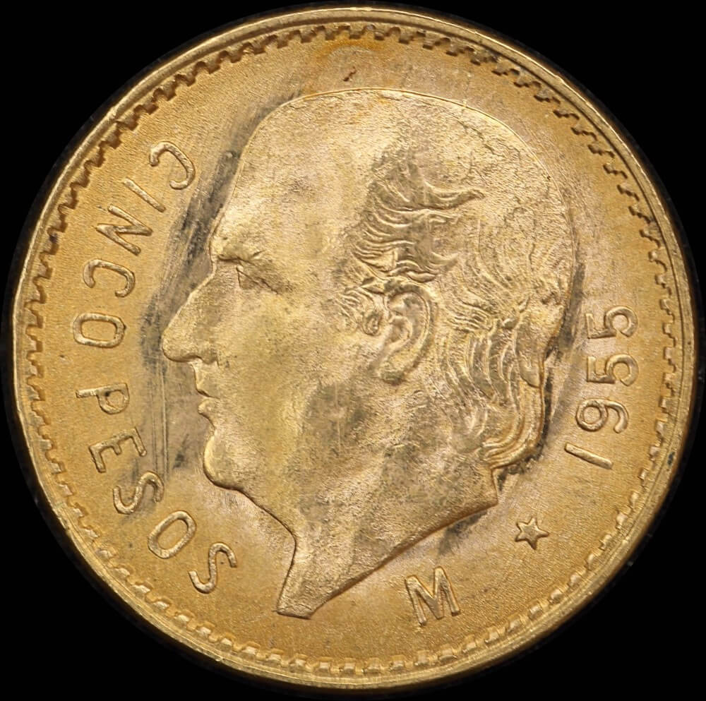 Mexico 1955 Gold Five Pesos KM#464 Unc 0.1206 Agw product image