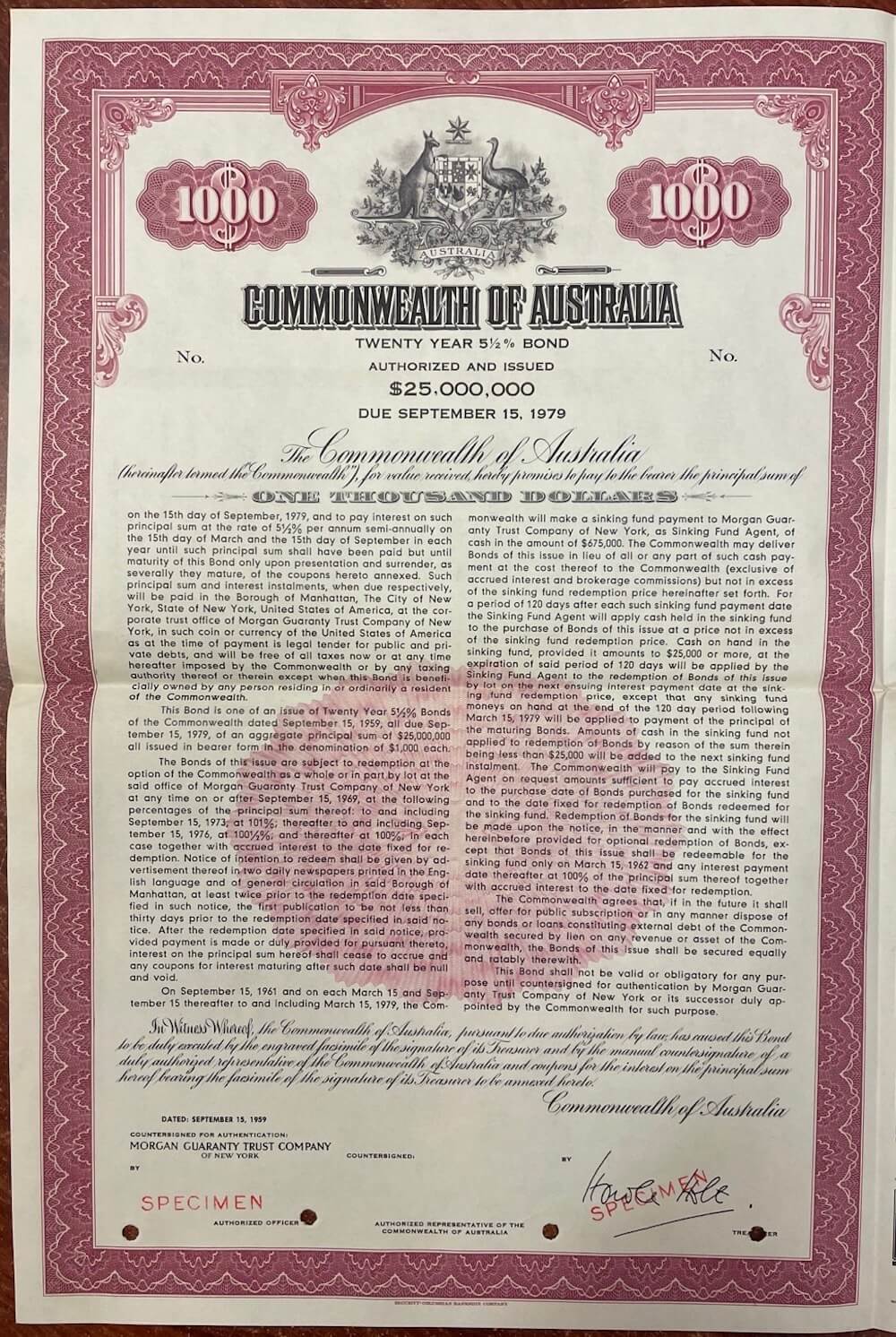 Australia 1959 1000 Dollar Unissued Commonwealth Treasury Bond product image