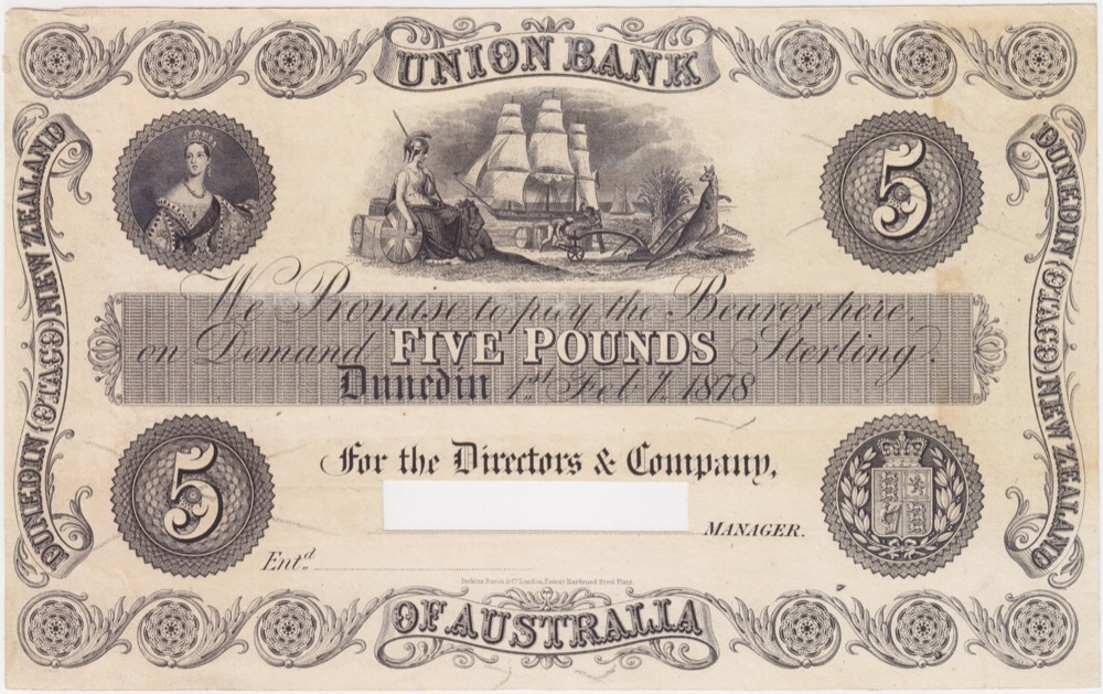 Union Bank of Australia (Dunedin) 1878 5 Pound Unissued Printer's Proof P# S.352 good EF product image