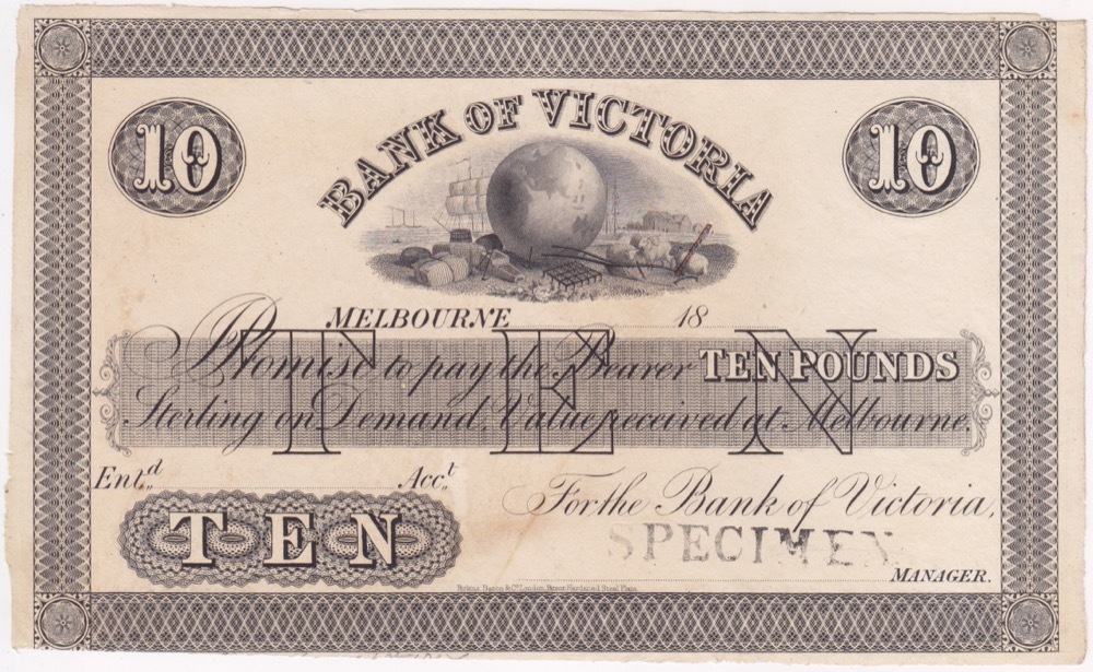 Bank of Victoria (Melbourne) ca 1853 10 Pounds Unissued Printer's Proof MVR# 1 about Unc product image