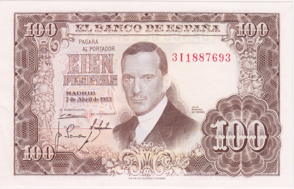 Spain 1953 100 Pesetas Pick#145a Uncirculated product image