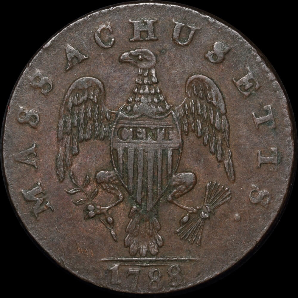 United States Colonial Cent 1788 Massachusetts (Period) Ryder 1-D PCGS AU53BN product image