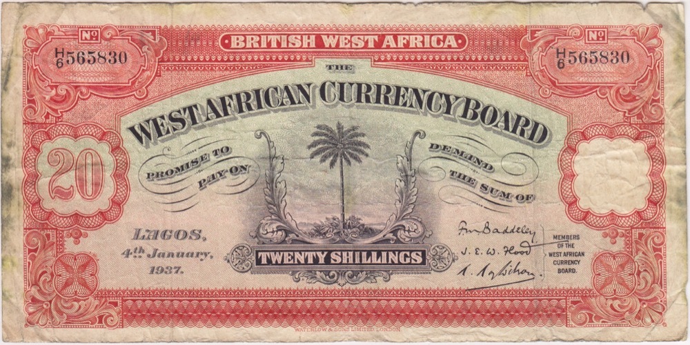 British West Africa 4.1.1937 20 Shillings Pick#8b about Fine H/6 565830 product image