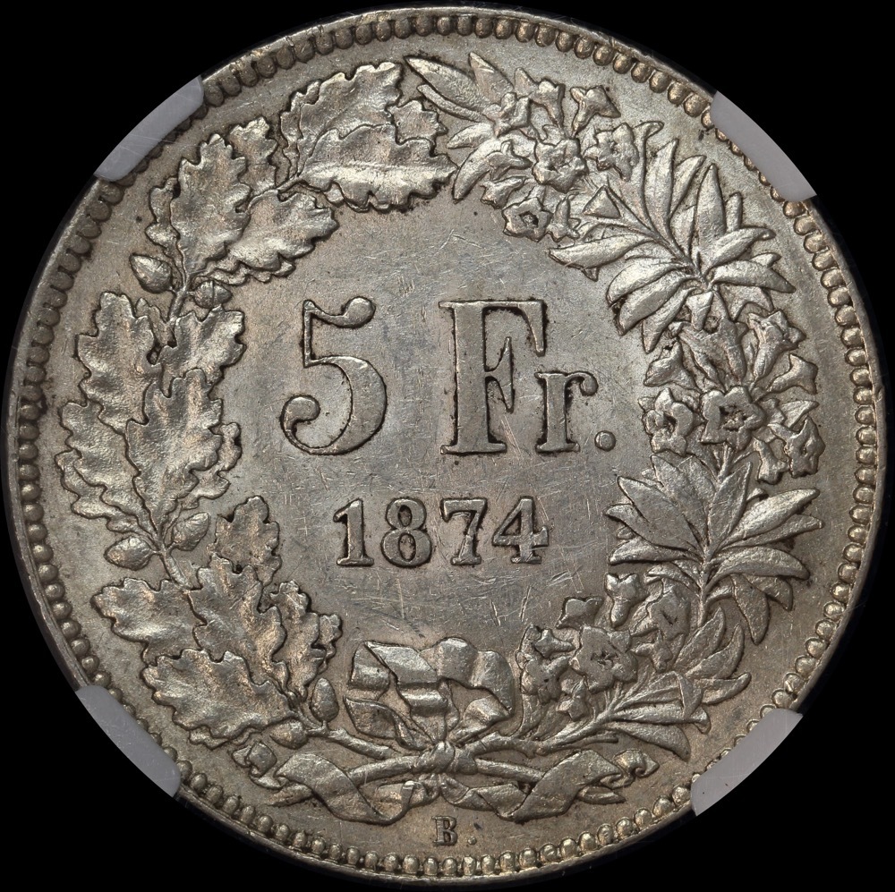 Switzerland 1874-B Silver 5 Francs KM# 11 NGC XF45 product image