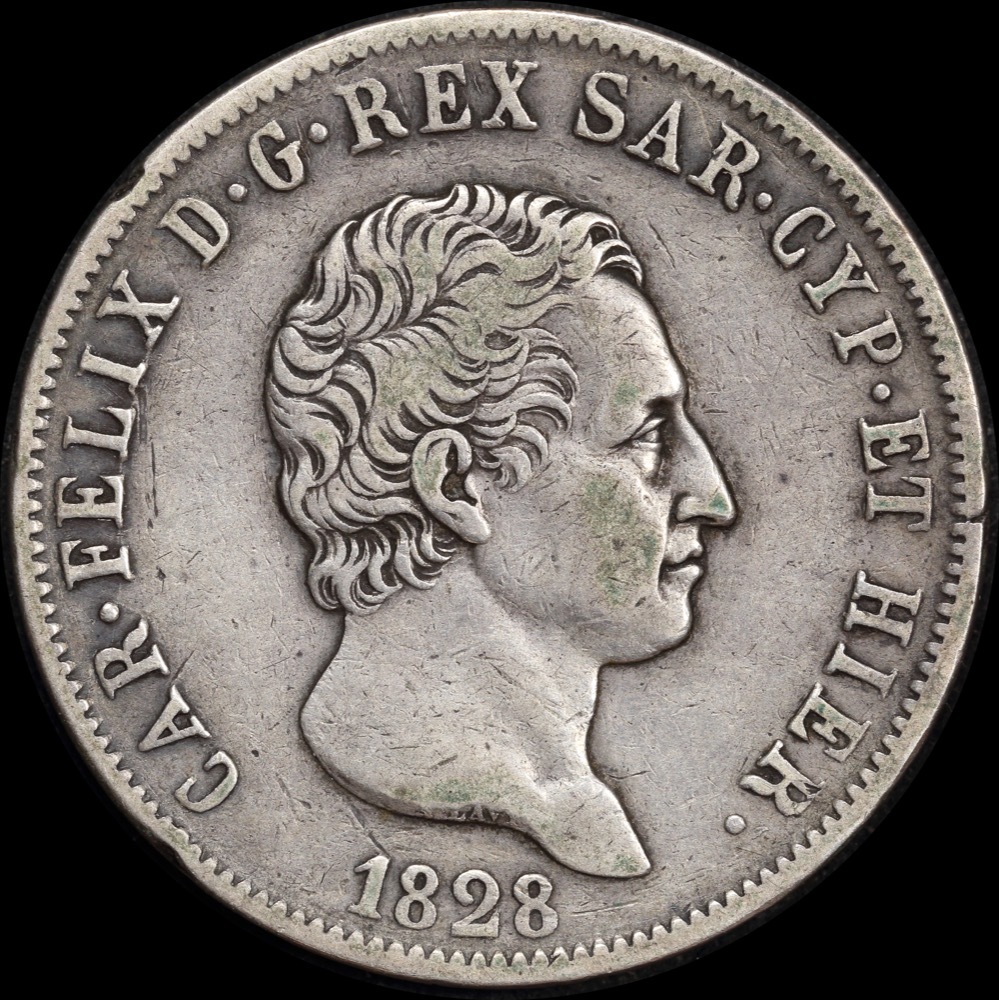 Italian States (Sardinia) 1828 Silver 5 Lire C# 105.2 Very Fine product image