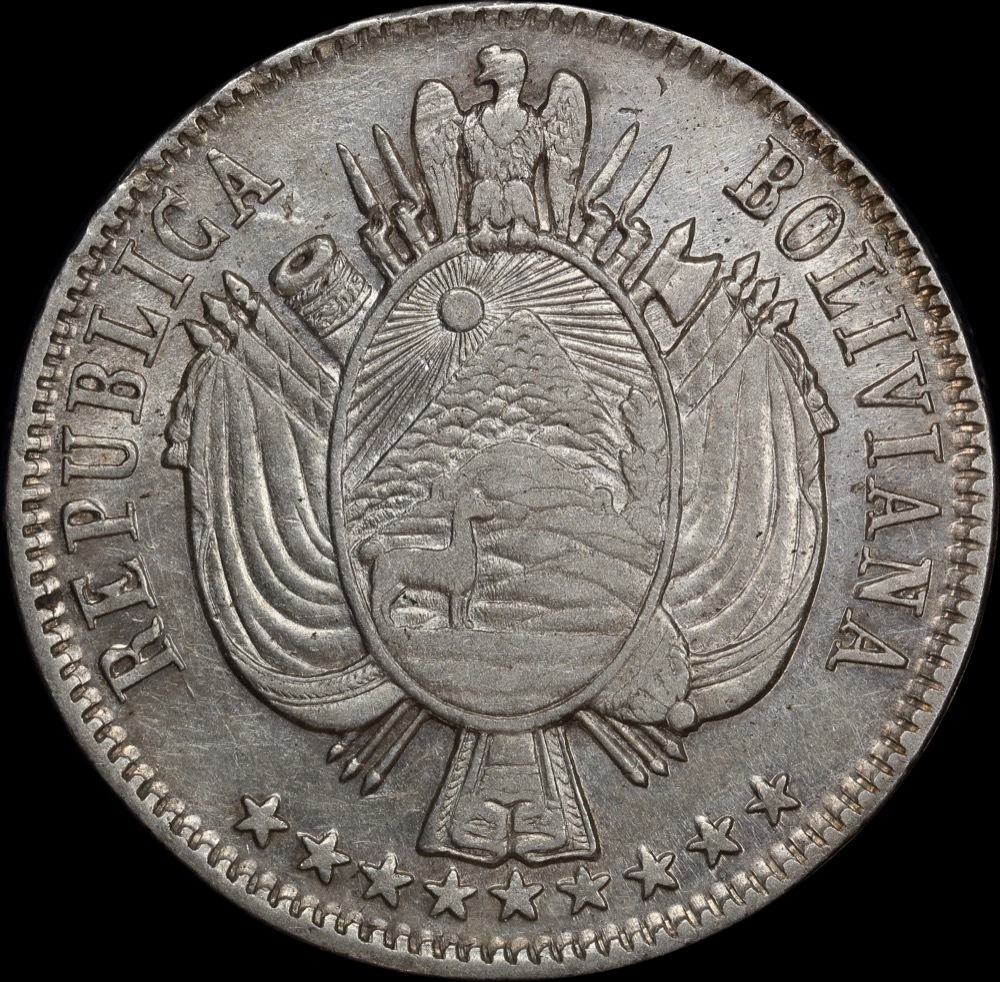 Bolivia 1865 PTS Silver Boliviano KM# 152.1 EF product image
