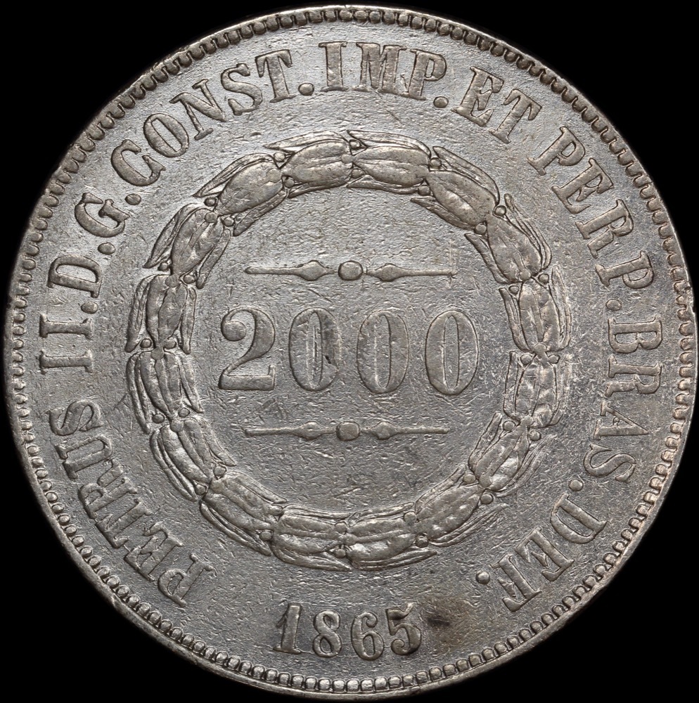 Brazil 1865 PTS Silver 2,000 Reis KM# 466 good VF product image