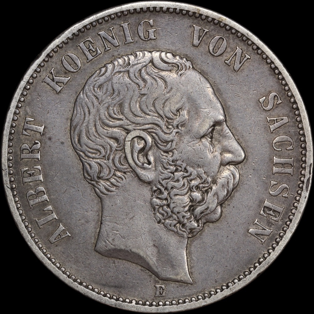 German States (Saxony) 1876-E Silver 5 Marks KM# 1237 about VF product image