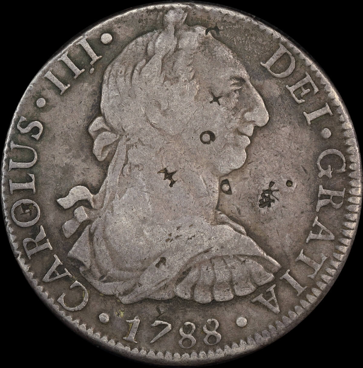 Mexico 1788 Silver 8 Reales KM# 106.2a Numerous chopmarks about VF product image