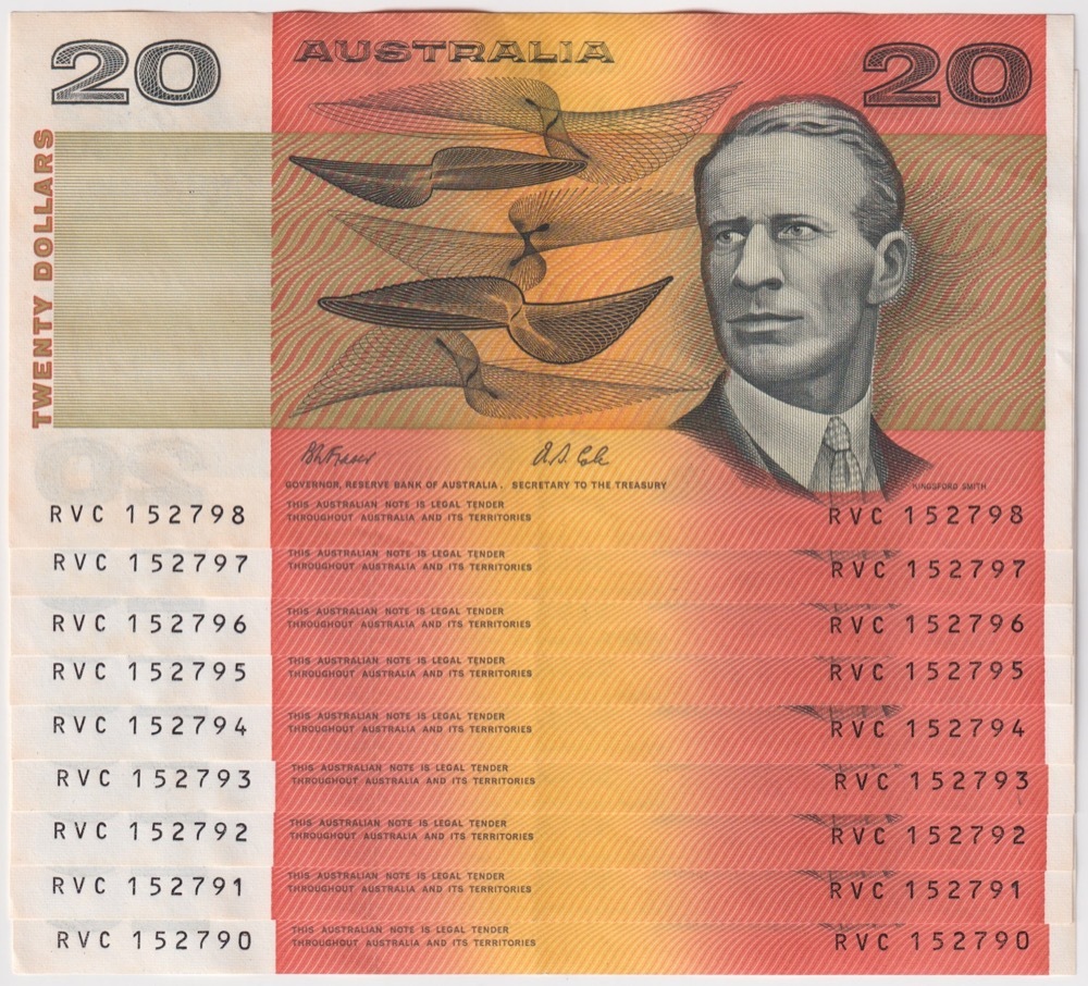 1991 $20 Consecutive Run of 9 Notes Fraser/Cole R413 good EF product image