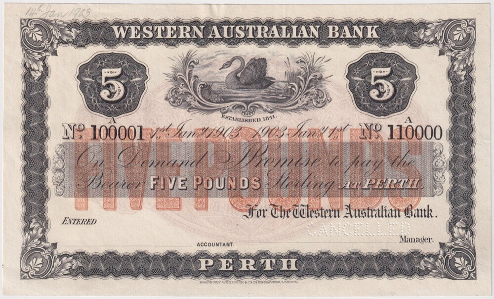 Western Australian Bank (Perth) 1903 Five Pounds Unissued Specimen Note MVR#3 Uncirculated product image