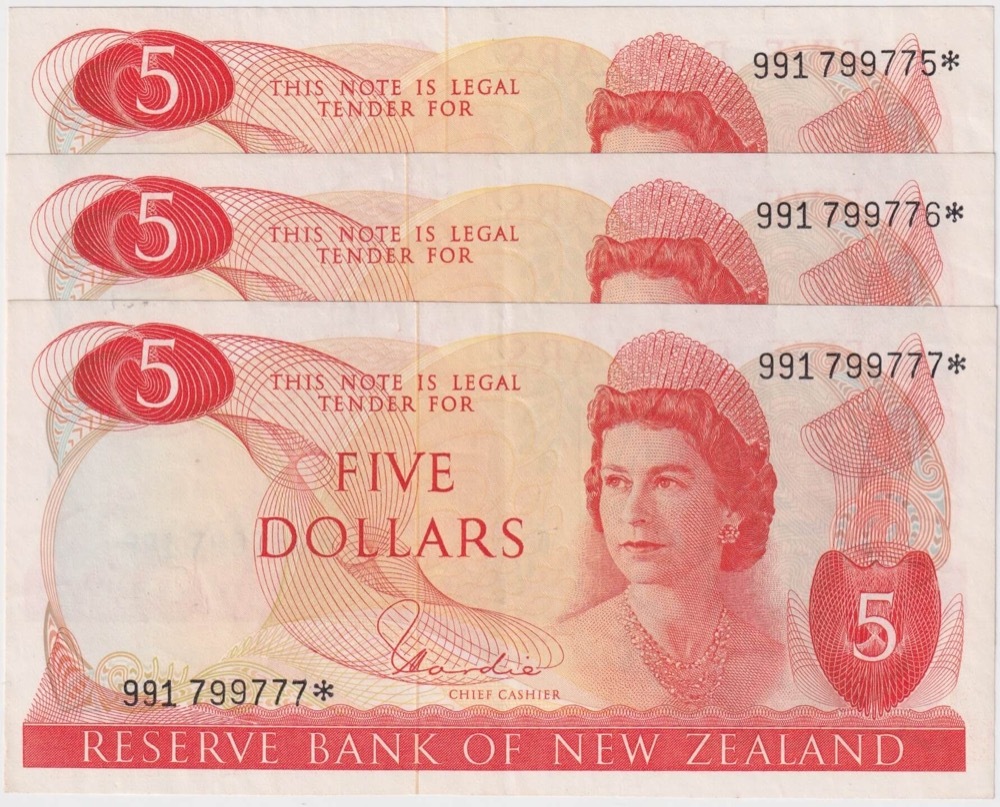 New Zealand 1981 Consecutive Trio Five Dollar Star Note Hardie P#171A good EF product image