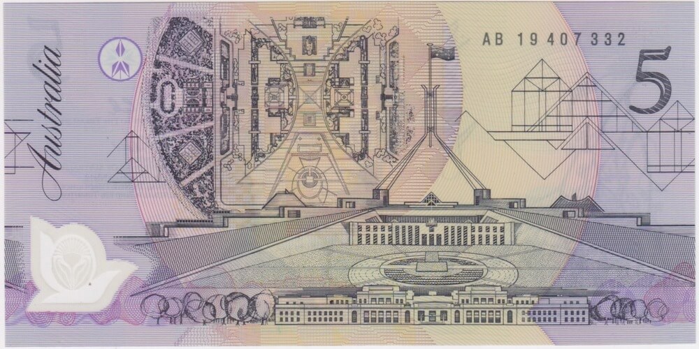 1992 $5 Note Fraser/Cole AB19 Last Prefix R214L (Dark Green Serials) Uncirculated product image