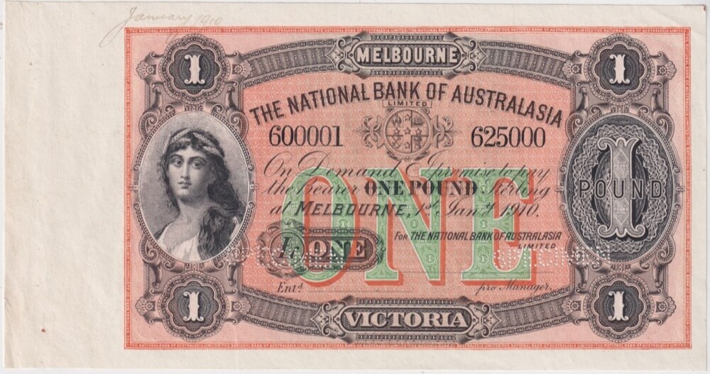 National Bank of Australasia (Melbourne) 1910 One Pound Unissued Specimen Note MVR# 4m good EF product image