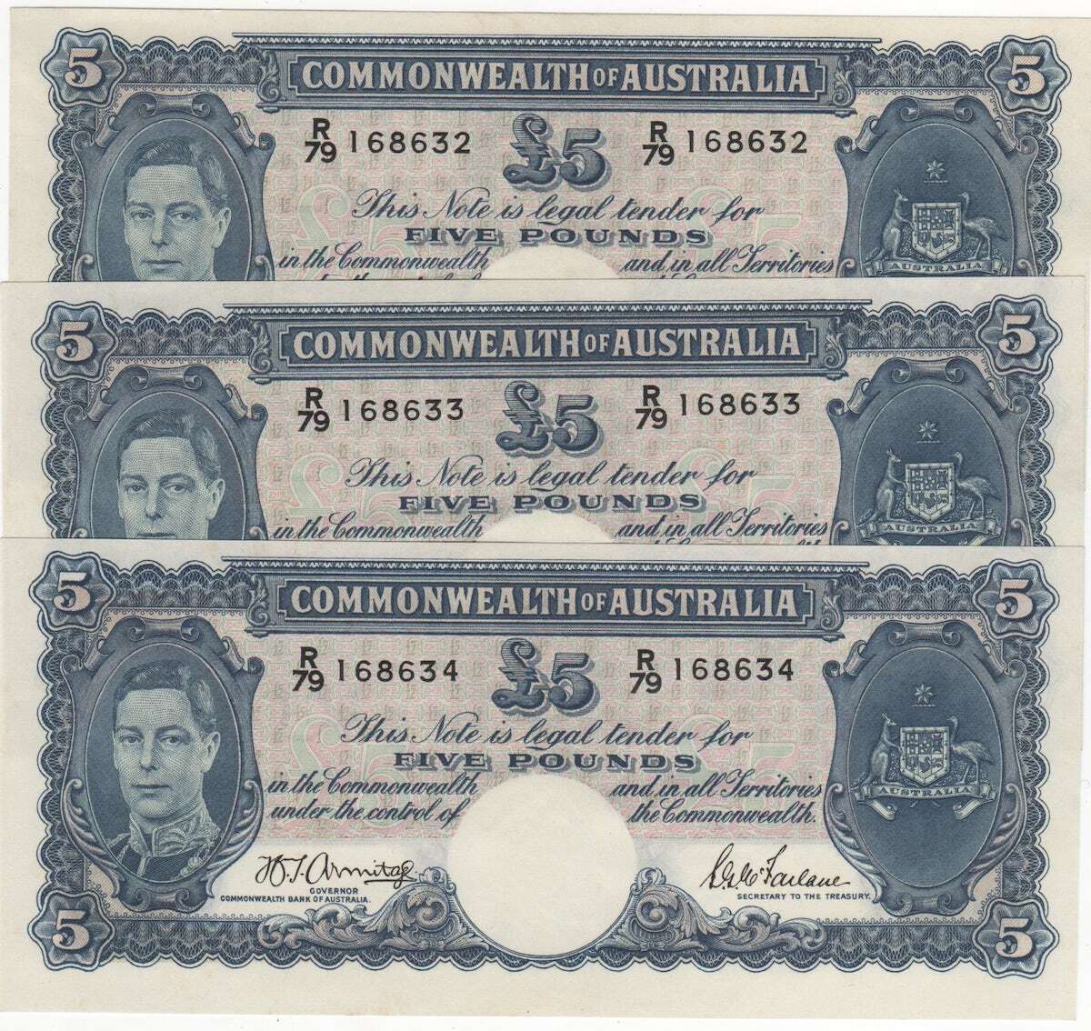 1942 Five Pound Consecutive Trio Armitage/McFarlane R46 Uncirculated product image