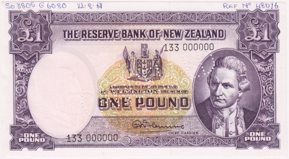 New Zealand 1956 Unissued One Pound Specimen Note Fleming Pick# 159d about Unc product image