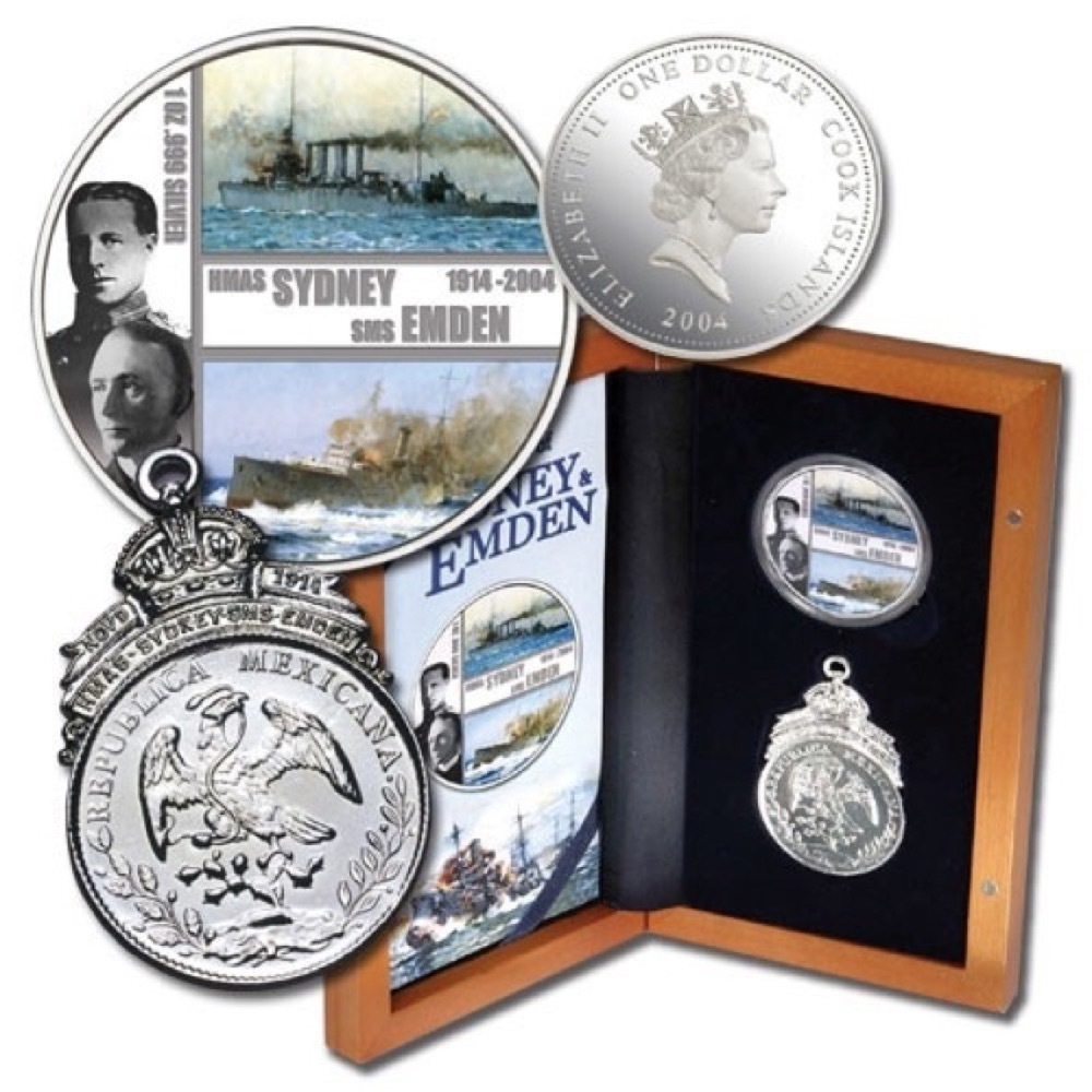 Cook Islands Silver 1oz Proof Coin and Medallion Set 2004 Sydney and Emden Battle product image